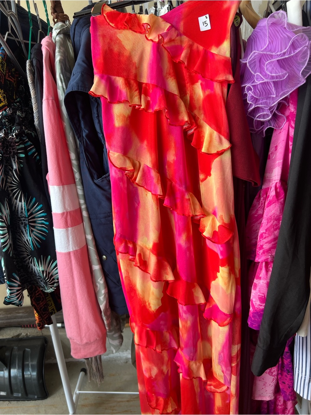 SHEIN Red and Pink Backless Ruffle Maxi Dress